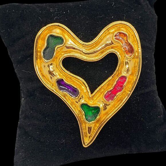 Vtg Edouard Rambaud Paris Hammered Gold Tone Heart w/Colorful Gripoix Enamel - Picture 1 of 7